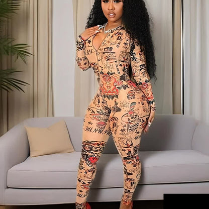 Spring and Autumn Women's Jumpsuit, European and American Style Slim-Fit Bodysuit with Long Sleeves, Zipper V-Neck, Sexy Print, Fashionable Daily Wear, Tight-Fitting