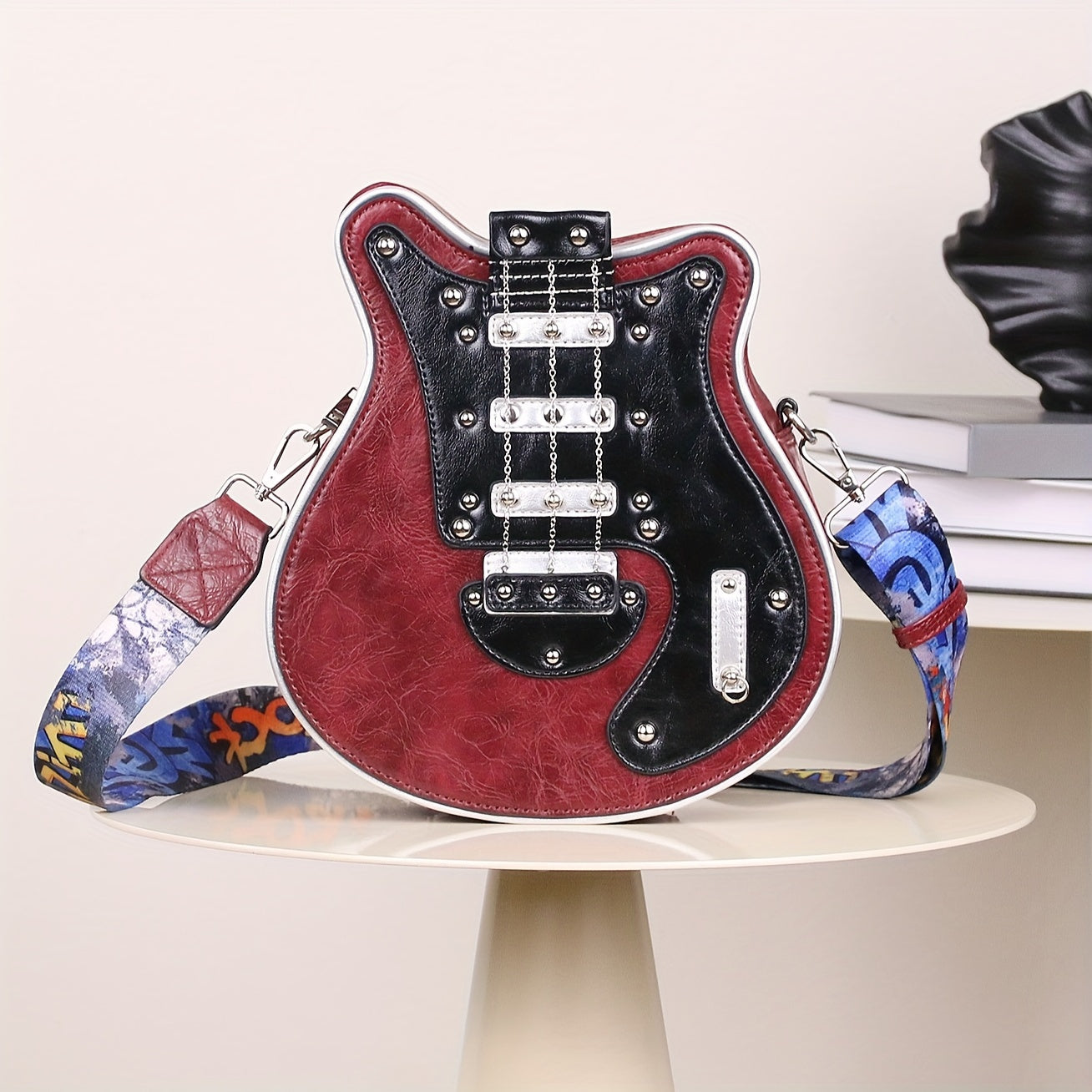 Women's & Unisex Y2K Retro Music-Themed Bass Guitar-Shaped Crossbody Bag with Detachable Strap, Golden-Tone Hardware & Zipper Closure - Band Style Handbag for Musicians & Music Lovers (Red/Black) - 2024 New Design with Chain