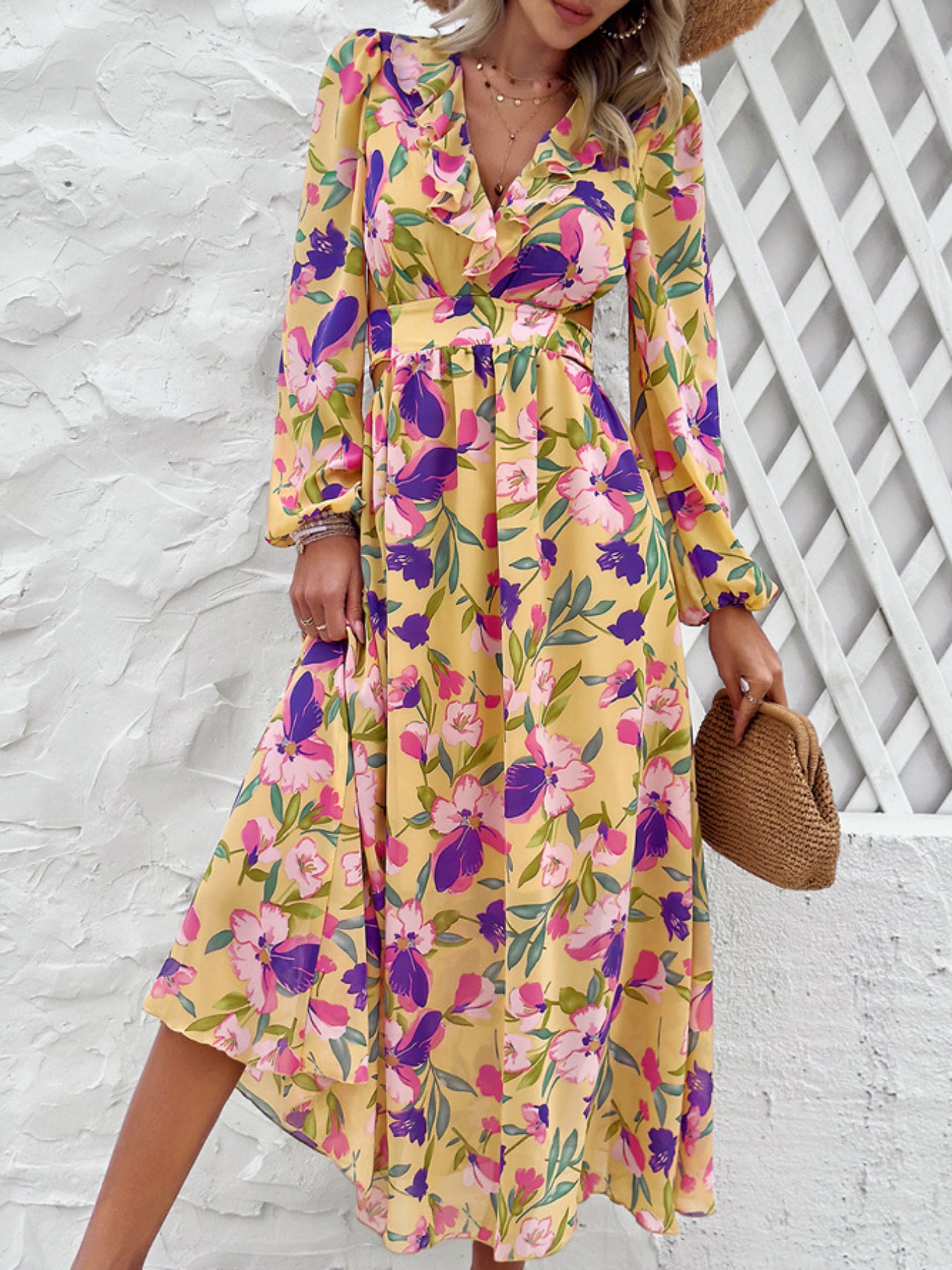 Stylish Floral Dresses with V-Neck, Long-Sleeved& Waist-Cinching Design for A Comfortable Look- Holiday& Casual Outfit for Women