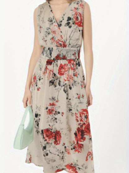Women's Elegant Floral Print Sleeveless A-Line Sling Dress with Puff Sleeve Accent - Floor-Length or Above-Knee Length Long Skirt, Round Neck Fitted Top & A-Line Silhouette, Machine Washable All-Season Formal & Semi-Formal Ou