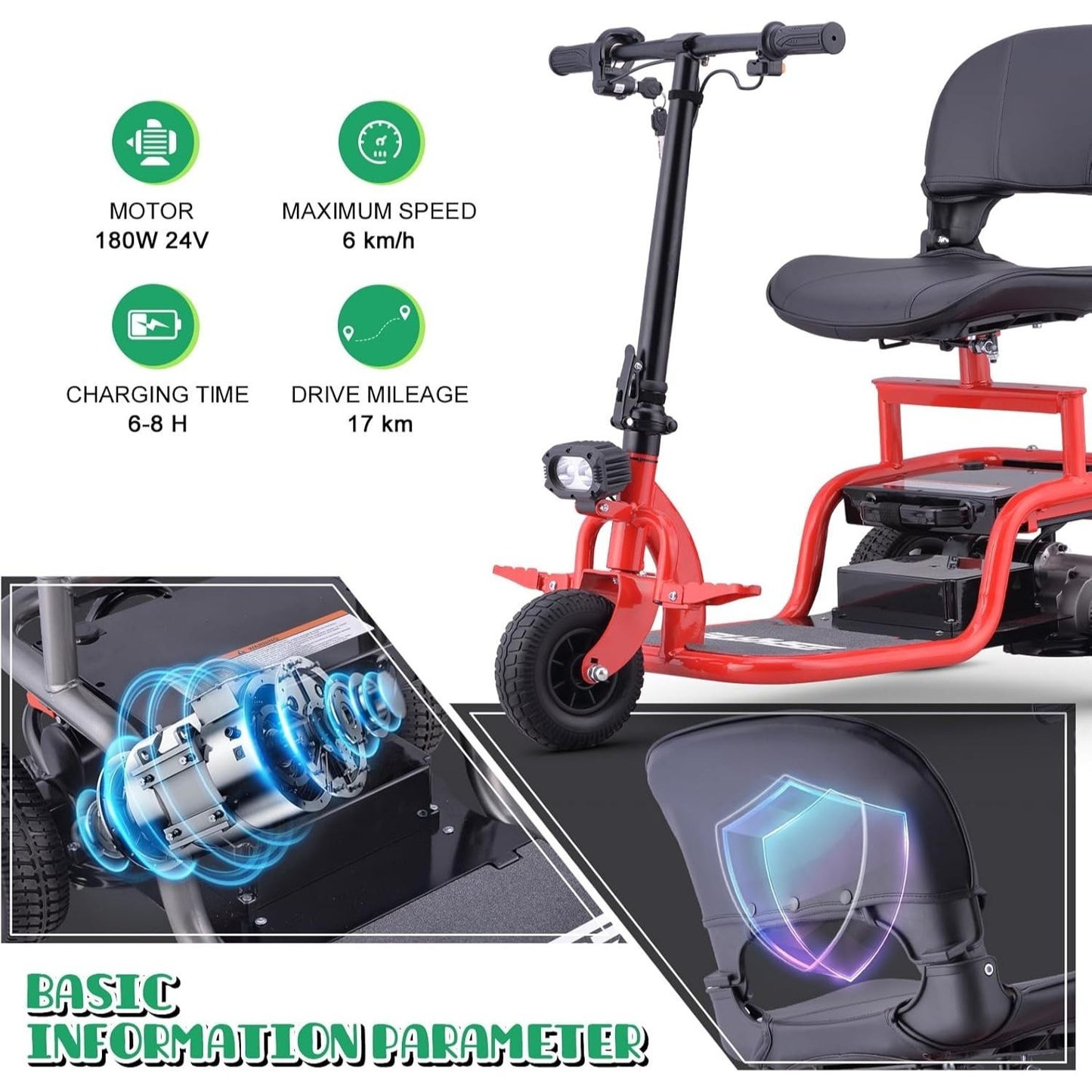 Premium Big Wheel Mobility Scooter for Seniors Adults, Electric Scooter with16'' Front Wheel, Adjust Height Seat and Foldable Handlebar, Led Lights, Max Load 300lb, Charger Included
