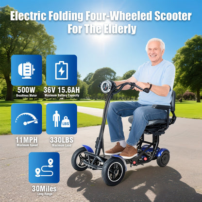 Folding Four-wheel Mobile Scooter for And Adults, Portable Electric Scooter with Basket, 3-speed Mode, 500W Dual Motors, 30 Mile Range, 11MPH, Lightweight And Compact Electric Scooter Foldable