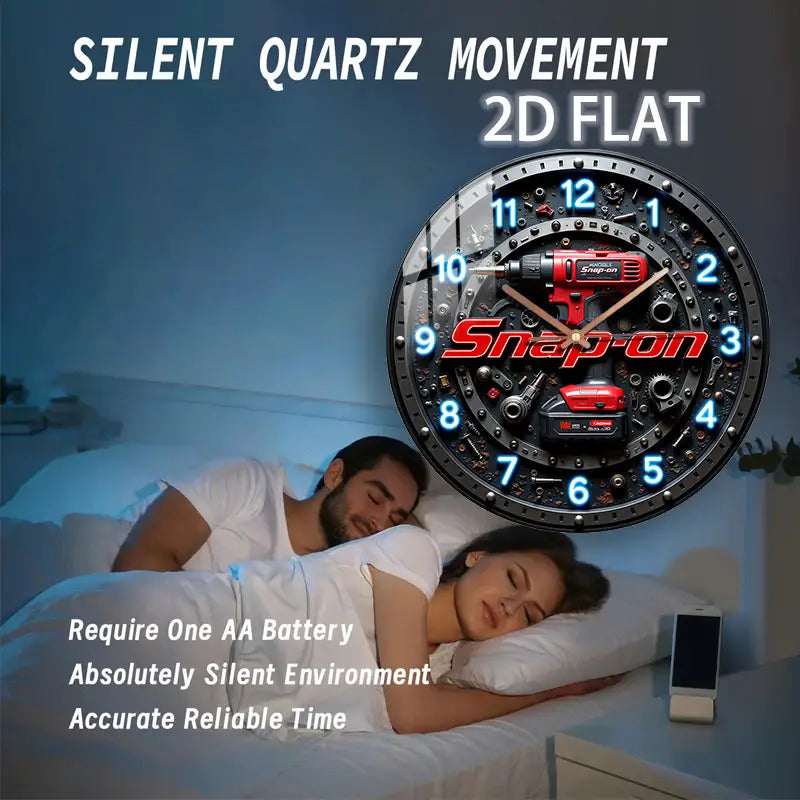12-Inch -Themed Glass Wall Clock with Snap-On Drill & Power Design (Drill/ Driver) - Silent Quartz Movement, Battery- (AA Not Included) - DIY Mechanic's Workshop Decor for Garage, for Man Cave, Home - Style