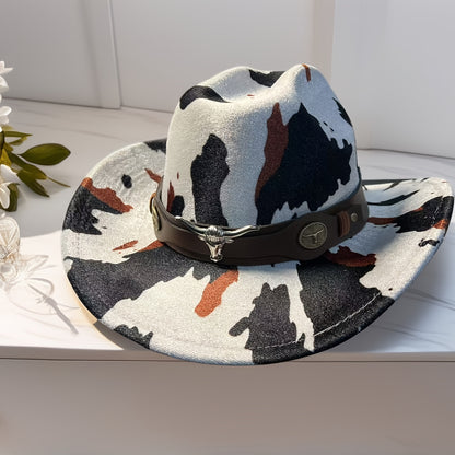 1pc Black Retro Print Wide-Brimmed Cowboy Hat with Anti-Compression Strap & Bull Horns Charm - Durable Non- Material for Outdoor, Camping, BBQ, Street Fashion - Spring/Autumn Western Style