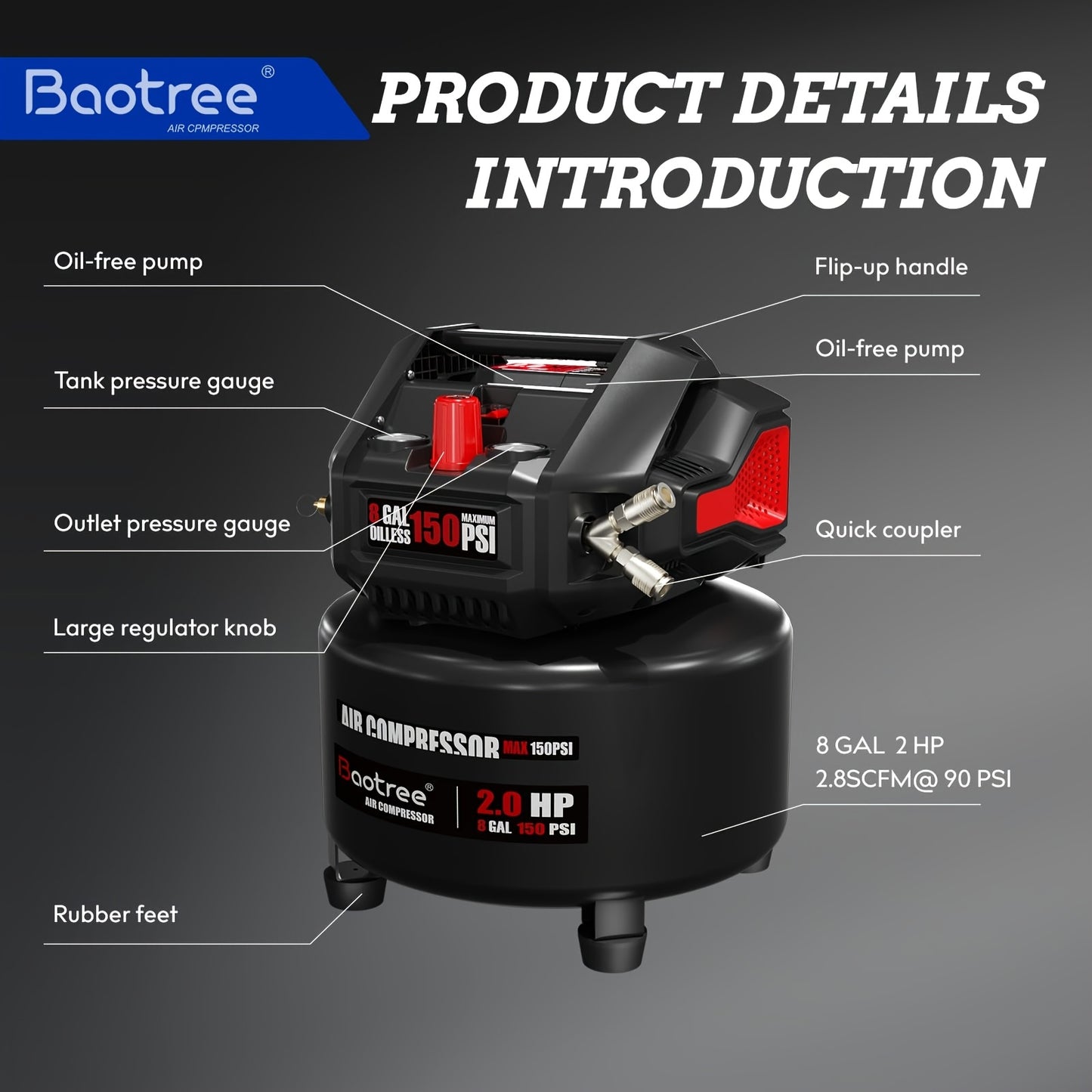 8 Gallon Portable Ultra Quiet Air Compressor, Max 150PSI Oil Free Air Compressor Tank, 2HP Motor 2, 8SCFM@90 PSI, 3, 8SCFM@40PSl Garage Air Compressors for Car Repair, Spray Painting, Woodwork Nailing