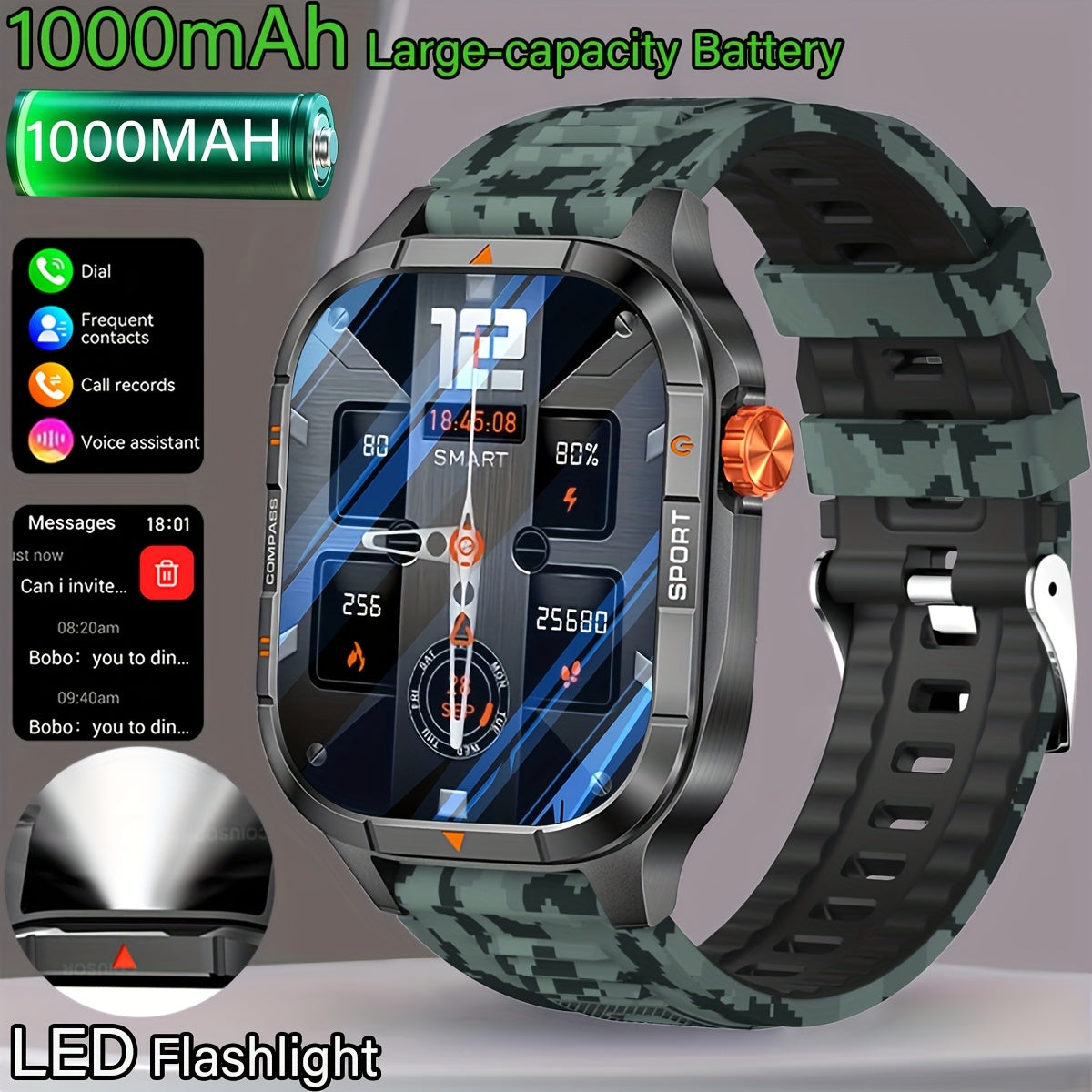 COIUSOR Men's & Women's Heavy-Duty Smart Watch with 1000mAh Battery, IP68 Waterproof, 2.01" HD IPS Display, ic, -like Compass & Wireless 5.3 - Rugged Outdoor Smartwatch for,, -Grade Fitness Tracker