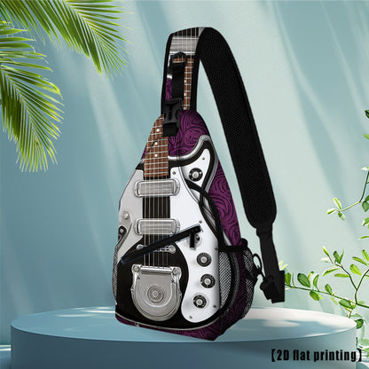 Burning Guitar (8) Black Guitar-Shaped Crossbody Backpack - Adjustable Shoulder Straps, Foldable Large Capacity, Durable Polyester for Travel, Beach, Camping, Work & Casual Outings - Unisex Gift for Music Lovers