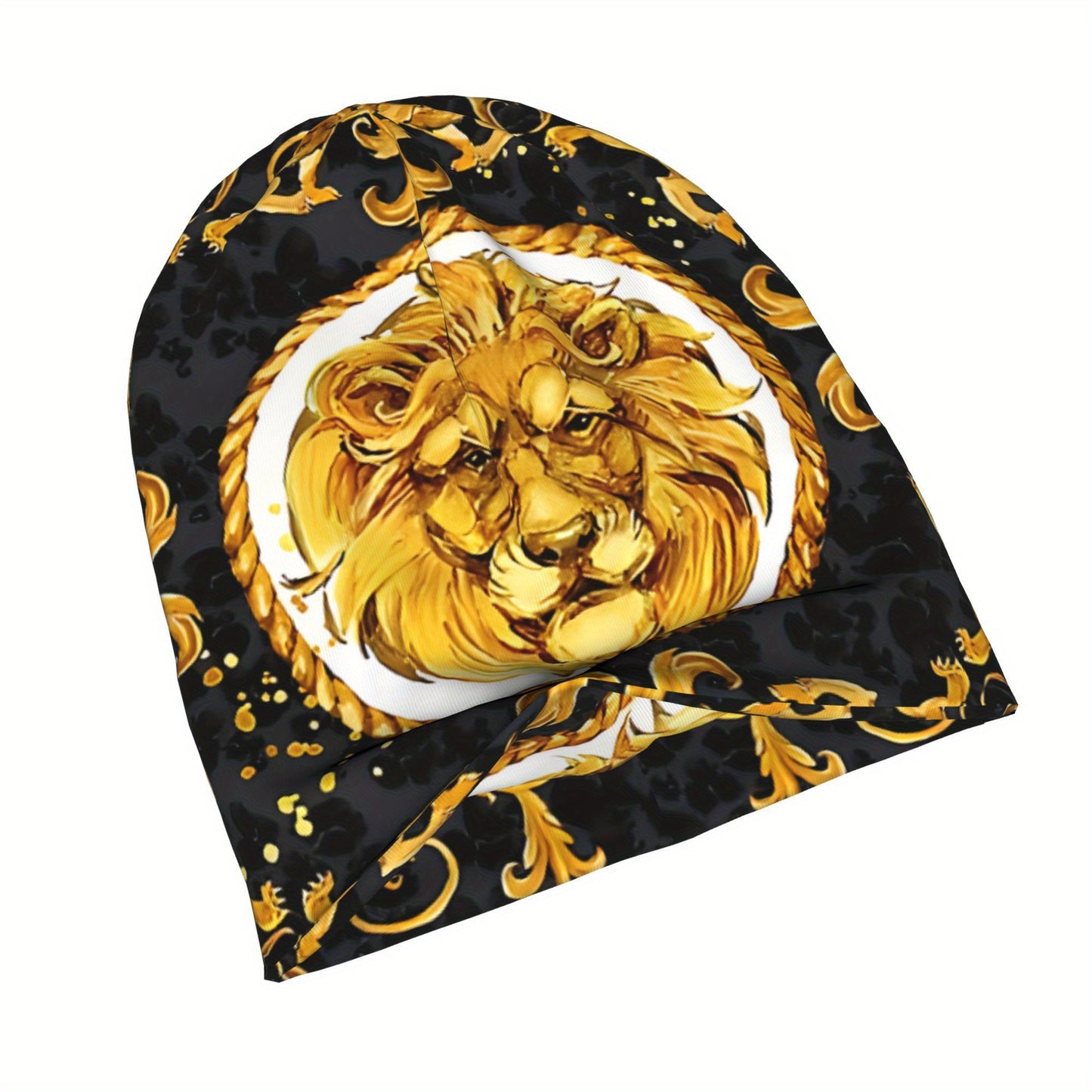 Lightweight Comfort | Golden Lion Damask Bonnet Hat for Men & Women – Lightweight, Stylish Hip Hop Beanie Cap with Ornate Golden Lion Design, Black Background with Rope Patterns, Perfect for Autumn & Spring Warmth