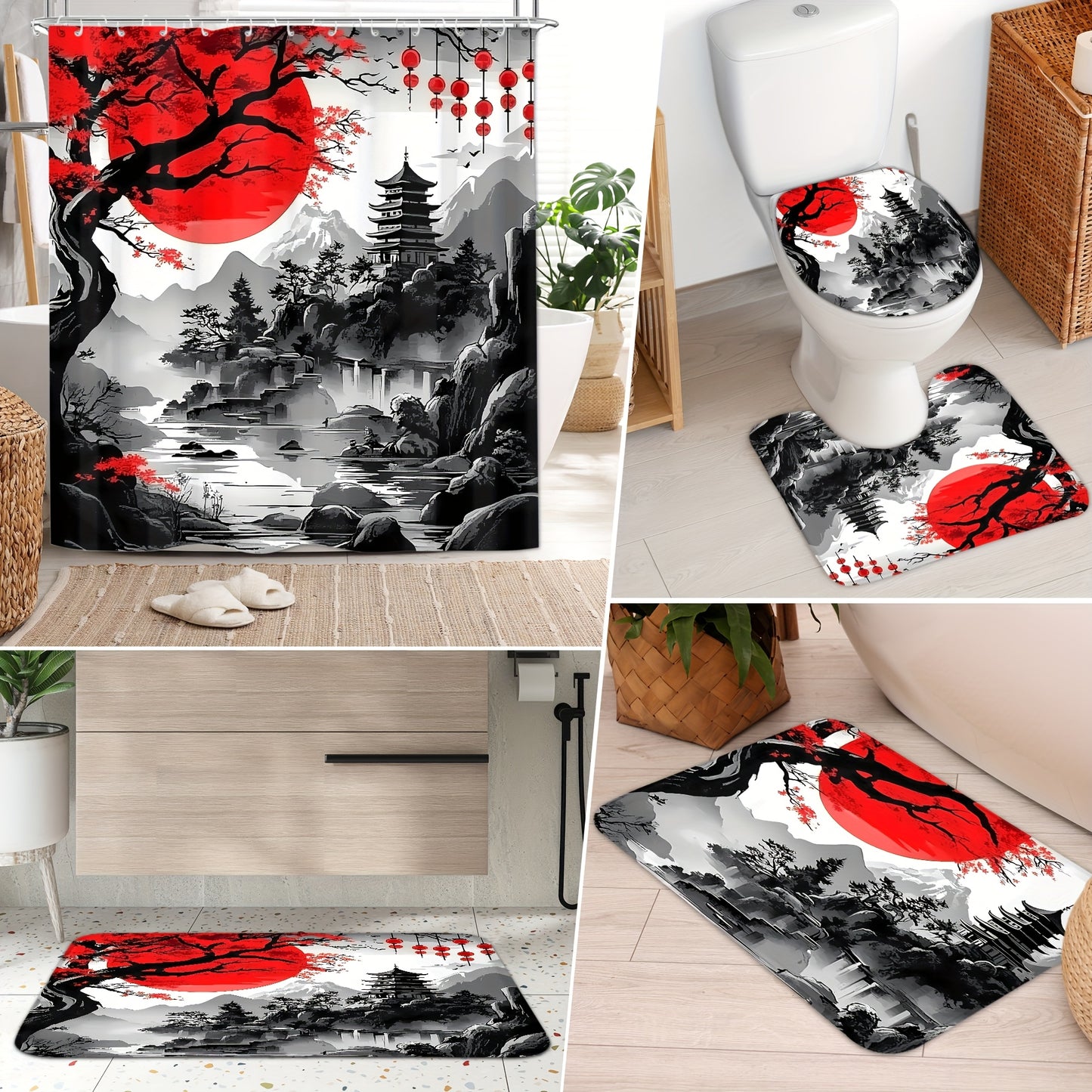 4pcs Japanese Cherry Blossom Mountain Landscape Shower Curtain Set, Black & Red Ink Wash Style with Sun, Tree, And Floral Design, Includes 12 Hooks, Toilet Lid Cover, Non-Slip U-Shaped Mat, Rugs, Traditional Asian Bathroom Ac