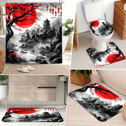 4pcs Japanese Cherry Blossom Mountain Landscape Shower Curtain Set, Black & Red Ink Wash Style with Sun, Tree, And Floral Design, Includes 12 Hooks, Toilet Lid Cover, Non-Slip U-Shaped Mat, Rugs, Traditional Asian Bathroom Ac