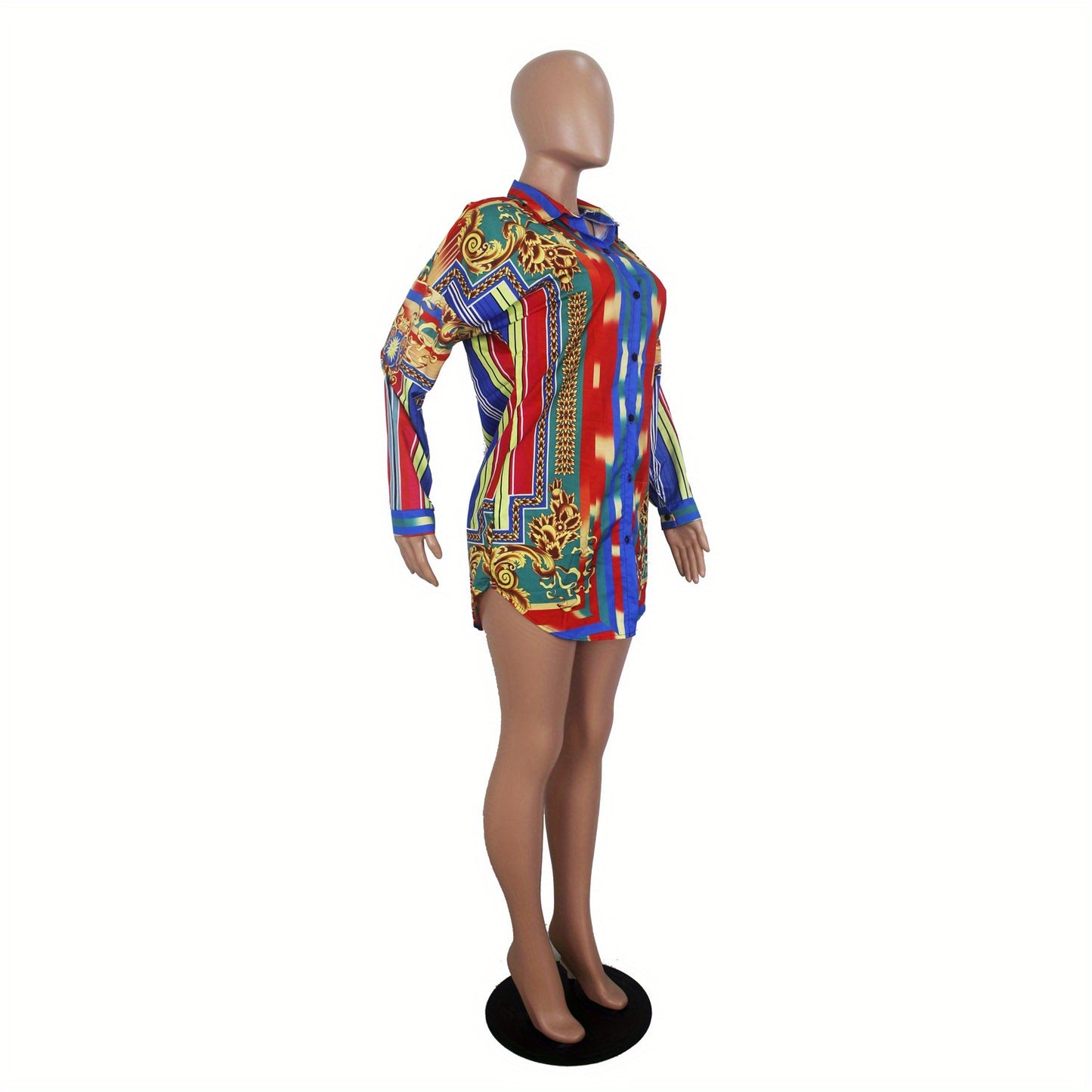 Ladies' Casual Shirt Dress with Colorful Striped Long Sleeved Shirt Dress