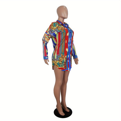 Ladies' Casual Shirt Dress with Colorful Striped Long Sleeved Shirt Dress