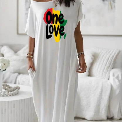 Comfortable Loose Casual Pocket Dress - "One Love" Jamaica Style Pattern Off Shoulder Relaxed Dress