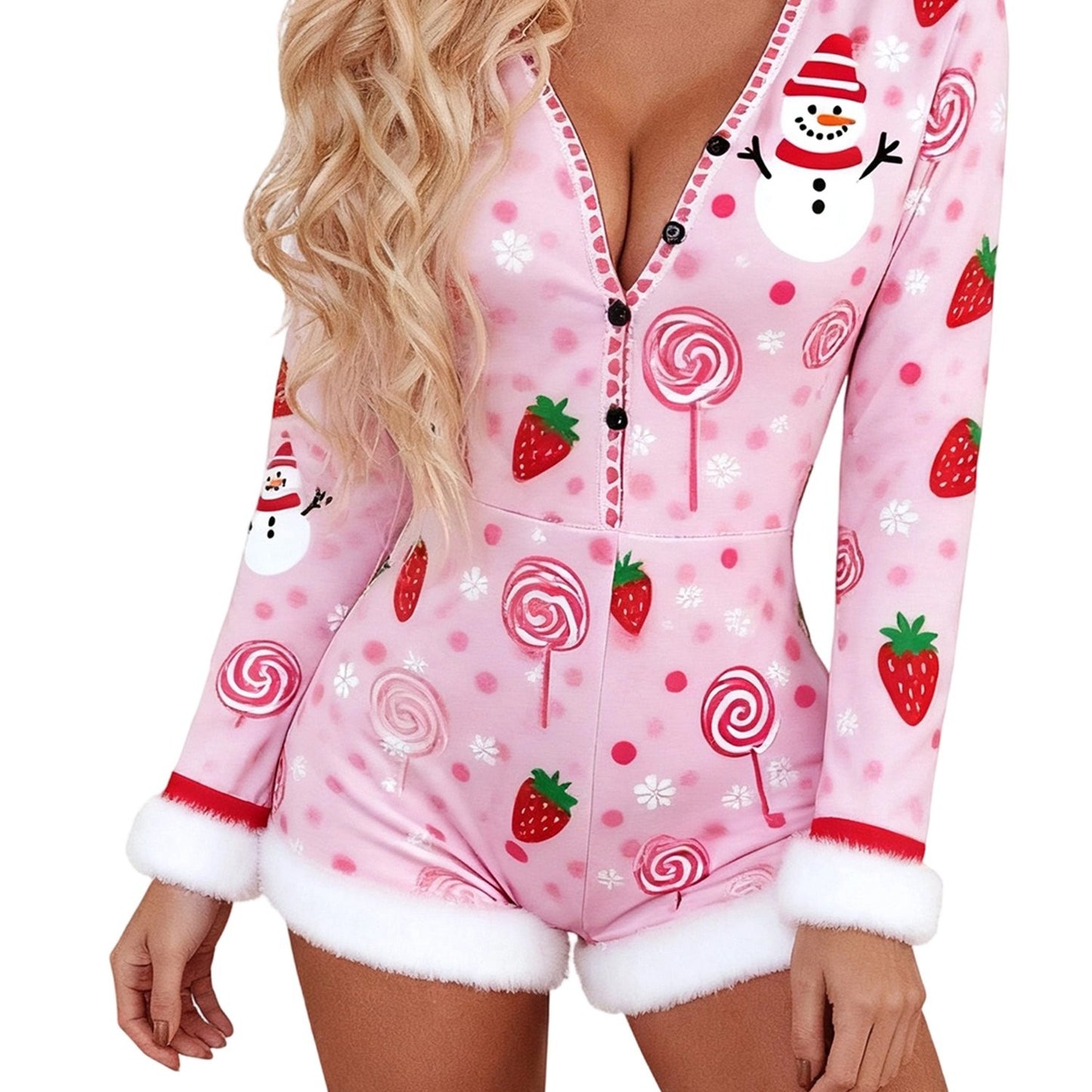 Women'S Christmas Romper Pajamas - Festive Snowman & Candy Cane Print Long Sleeve V-Neck Jumpsuit with Raw Edge Trim, Soft Stretch Fabric Slim Fit Coquette Style Holiday Party Outfit, Y2K Winter Sleepwear & Lounge Wear for Ad