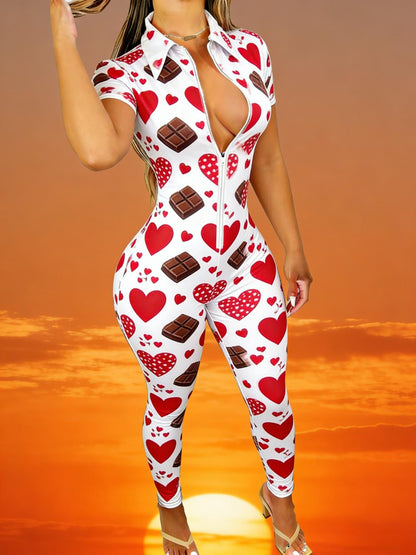 Sexy Streetwear Valentines Day Bodysuit | Short Sleeve, Figure Hugging, 2D Printed, Modern Casual Jumpsuit for Women