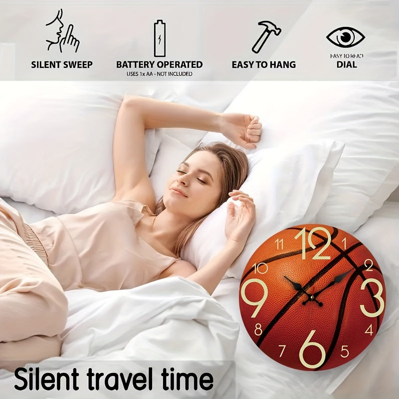 1pc Basketball-Themed Round Wall Clock with Wooden Frame, Silent & Battery-Powered (AA Battery Not Included), Ideal for Bedroom, Living Room, Office, Kitchen, or Bathroom Decor, Sports Room Accent|Basketball Design|Silent Ope