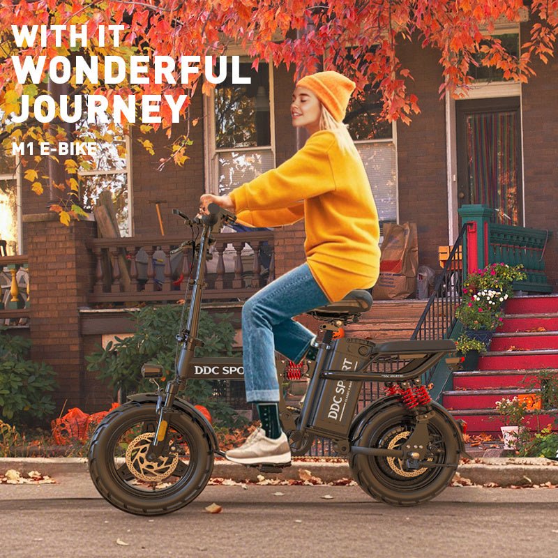 M1 Electric Bike For Adults,32 Miles Range,700W peak motor,20MPH Speed, 48V 20Ah Removable Battery, Dual Disc Brakes, Front And Rear Suspension & Commuter EBike, 14'' all-purpose tire, LCD Mileage Display