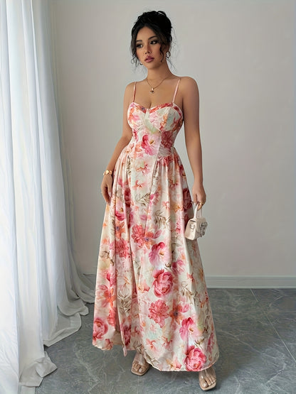 Print French-Inspired Off-Shoulder Maxi Dress with Ruffled Hem - Sleeveless, Cinched Waist, Flowy Design for Women - Perfect for Spring/Summer/Fall - Pink Floral Print on White, Cute Dress