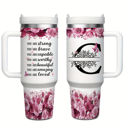 MIKENDA 1pc 40oz "A-Z Custom Letters & Name" Stainless Steel Travel Cup with Lid And Straw. Coffee Cup, Kitchen Drinkware. Great Gift for Women, Friends, Parents.for Mother's Day, Holidays. for Home & Outdoor Use.Halloween &