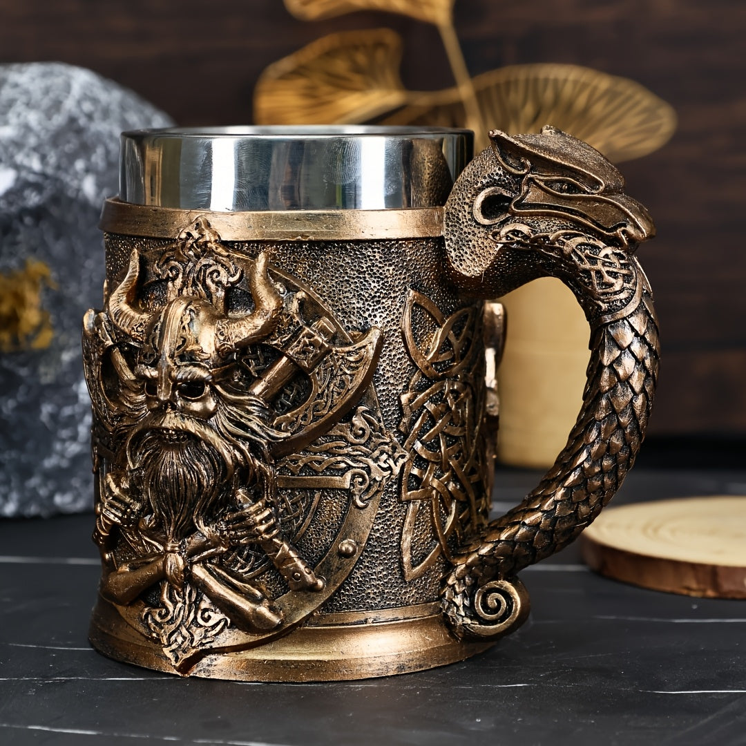 A Viking relief mug, a medieval European Viking beer mug made of stainless steel, with a large capacity of 20.3oz, a powerful Viking warrior coffee cup, a bar specialty cup, and a gift giving for daily life