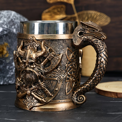 A Viking relief mug, a medieval European Viking beer mug made of stainless steel, with a large capacity of 20.3oz, a powerful Viking warrior coffee cup, a bar specialty cup, and a gift giving for daily life