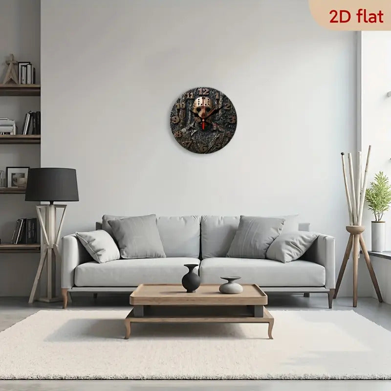Friday the 13th Jason Voorhees Mask Wall Clock- 10inch  Silent Quartz Horror  Decoration, 2D Flat Printing, Artificial Wood Round Clock, Suitable for Halloween, Christmas, Living Room and Bedroom- Energy Saving(AA Batteries I
