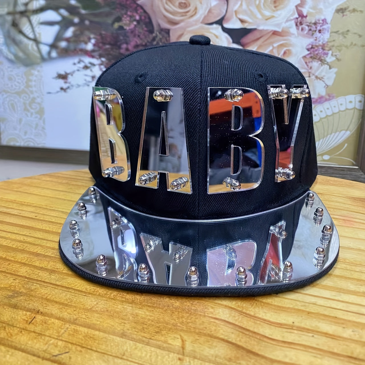 Punk Style Men'S Baseball Cap, 100% Polyester Lightweight Flat Brim Hat with Alphabet Pattern and Embellishments, Non-Stretch Fabric