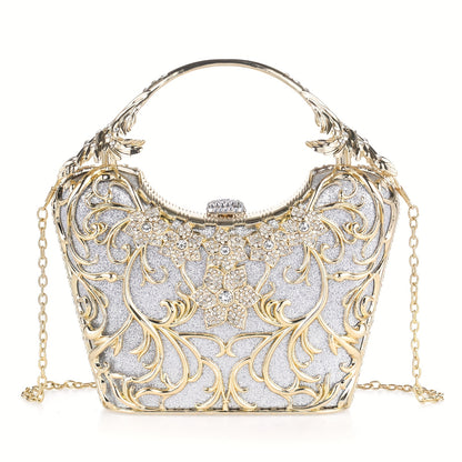 Perfect for Weddings, Proms & Formal Events - Handcrafted Rhinestone Clutch Purse - Luxurious Floral Evening Bag for Women - Elegant Dinner Handbag with Glittering Rhinestones & Golden-Tone Metal Handle