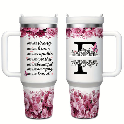 MIKENDA 1pc 40oz "A-Z Custom Letters & Name" Stainless Steel Travel Cup with Lid And Straw. Coffee Cup, Kitchen Drinkware. Great Gift for Women, Friends, Parents.for Mother's Day, Holidays. for Home & Outdoor Use.Halloween &