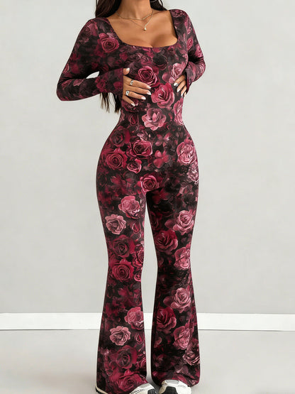 Women'S Jumpsuit Set | Casual Fashionable Sexy, Loose U-Neck Cut, Slim Fit, Burgundy Rose Print, Long Sleeve Flared Leg, Versatile Use, Suitable for Multiple Occasions & Seasons, Ideal for Outdoor