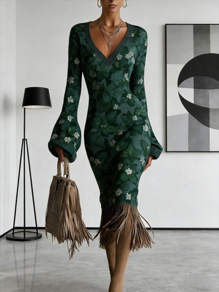Cross-border New Autumn And Winter Sweater Dress, Floral Flower Printing, Sexy V-neck Long-sleeved Design, Fringed Hem Embellishment, Warm And Thin Temperament Commuter Bottom Dress