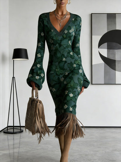 Cross-border New Autumn And Winter Sweater Dress, Floral Flower Printing, Sexy V-neck Long-sleeved Design, Fringed Hem Embellishment, Warm And Thin Temperament Commuter Bottom Dress