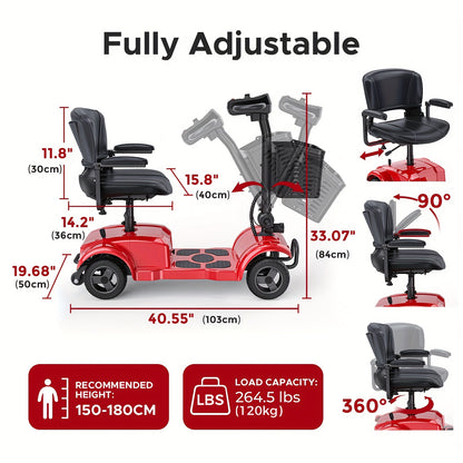 ENGWE Folding 4-Wheel Mobility Scooter, 250W Motor, 24V 12Ah Battery, 15.5-Mile Range, 8" Solid Tires, 265 lbs Capacity, Detachable Basket, Front Light, Compact & Portable for Travel, Shopping, Perfect Gift for Mom's Special