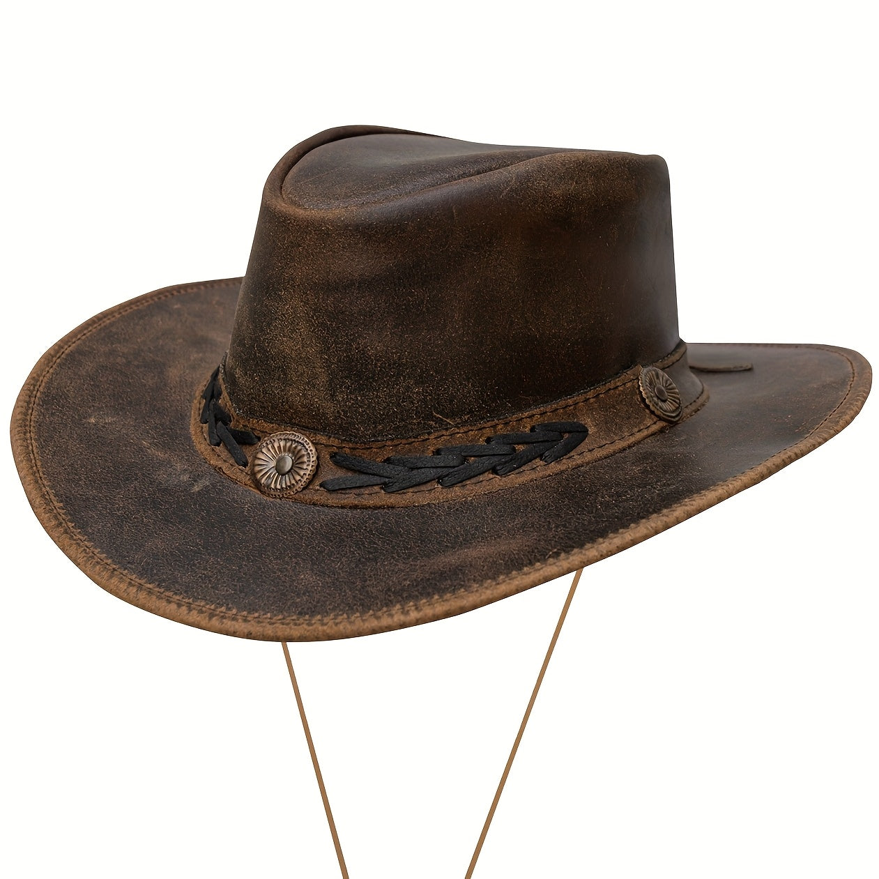 Shapeable Leather Cowboy Hat Into Outback Hat Western Vintage Australian Hats for Men & Women, Festival Unisex Outdoor, High Quality &, Handcrafted Headwear-Stitching, Lightweight Top-Grain Leather, Brass Studs, Adjustable Ch