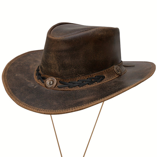 Shapeable Leather Cowboy Hat Into Outback Hat Western Vintage Australian Hats for Men & Women, Festival Unisex Outdoor, High Quality &, Handcrafted Headwear-Stitching, Lightweight Top-Grain Leather, Brass Studs, Adjustable Ch