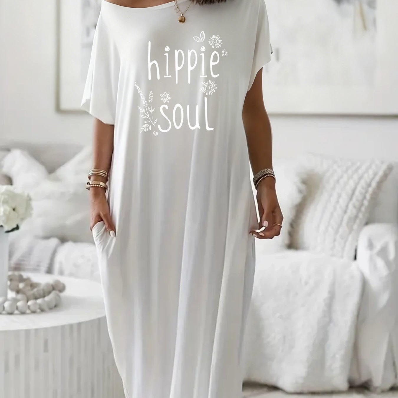 Off Shoulder Loose Maxi Dress with Pockets, "Hippie Soul" Boho Style Graphic Casual Comfort Dress