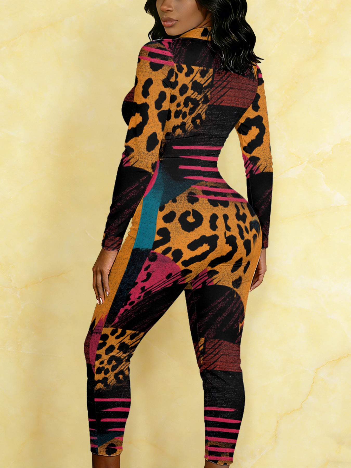 Ladies' Four-season Long-sleeved Sexy Jumpsuit, Front Zipper Design, Light Style, Fashionable Full-print, Perfect for Daily Outings and Casual Wear, Fashionable and Sexy Outfit