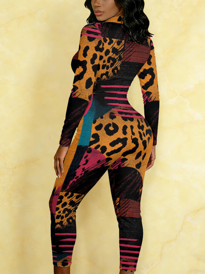 Ladies' Four-season Long-sleeved Sexy Jumpsuit, Front Zipper Design, Light Style, Fashionable Full-print, Perfect for Daily Outings and Casual Wear, Fashionable and Sexy Outfit