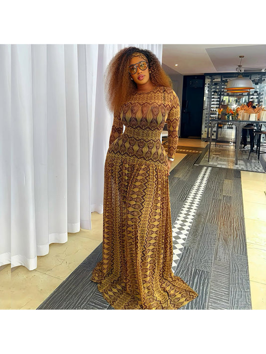 Women'S Elegant Long Sleeve Maxi Dress with Ruched Waist & Geometric Print - Loose Fit Bodycon Silhouette, Round Neck Long Dress in Brown - Comfortable Formal & Semi-Formal Outfits for Fall/Winter, Casual to Formal Events - V