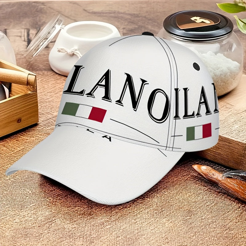 1pc 2D Milano Emblem Print Baseball Cap - Full-Body Vibrant Polyester Hat with Adjustable Snapback, Ideal for Outdoor Sports, Street Style & Running, Black with White Logo, Sports Cap | Stylish Headgear | Durable Headwear