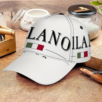 1pc 2D Milano Emblem Print Baseball Cap - Full-Body Vibrant Polyester Hat with Adjustable Snapback, Ideal for Outdoor Sports, Street Style & Running, Black with White Logo, Sports Cap | Stylish Headgear | Durable Headwear