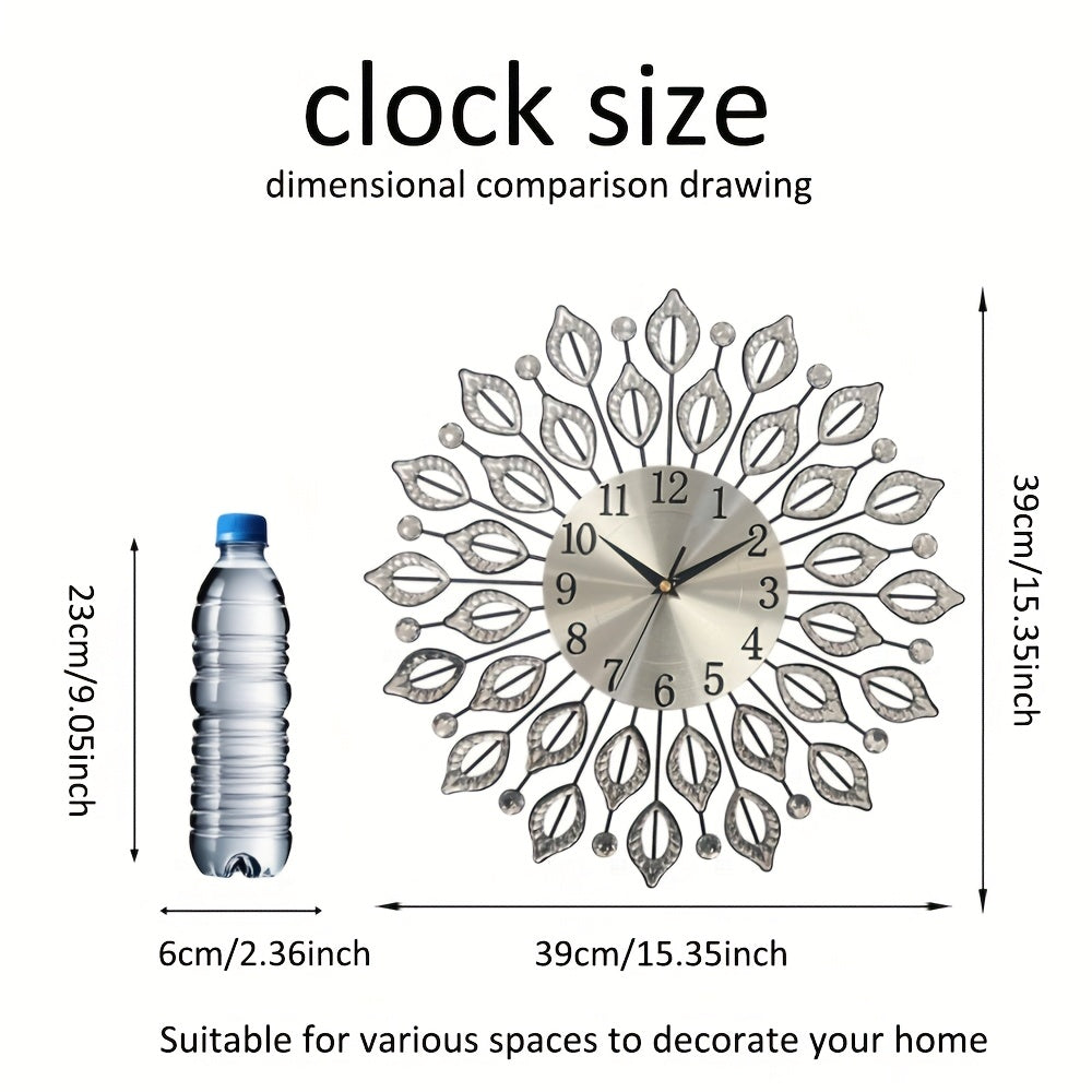 1pc silent decorative wall clock, 15.35 inch black metal material, with easy to read numbers, acrylic leaf rhinestones design, suitable for multiple places such as living room and bedroom, and a new house gift, Living Room Wa