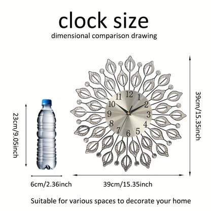 1pc silent decorative wall clock, 15.35 inch black metal material, with easy to read numbers, acrylic leaf rhinestones design, suitable for multiple places such as living room and bedroom, and a new house gift, Living Room Wa