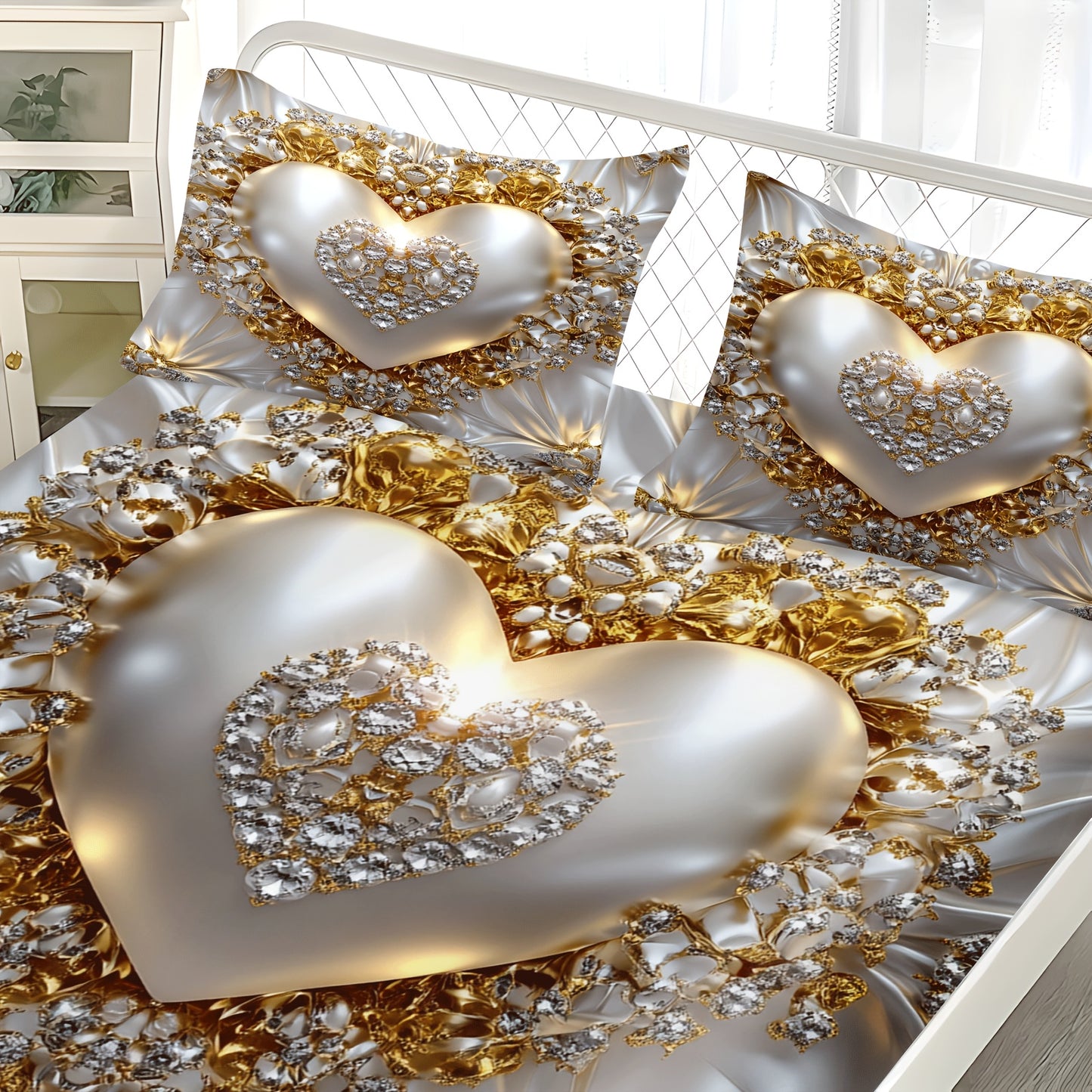 3pcs Heart Jewel Print Fitted Sheet Set, Golden Heart with Gemstones, Breathable Polyester, Machine Washable for All Seasons Ideal for Bedroom Guest Room Master Suite and More Includes 1 Fitted Sheet and 2 Pillowcases No Matt