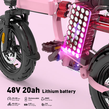 M1 Electric Bike For Adults,32 Miles Range,700W peak motor,20MPH Speed, 48V 20Ah Removable Battery, Dual Disc Brakes, Front And Rear Suspension & Commuter EBike, 14'' all-purpose tire, LCD Mileage Display