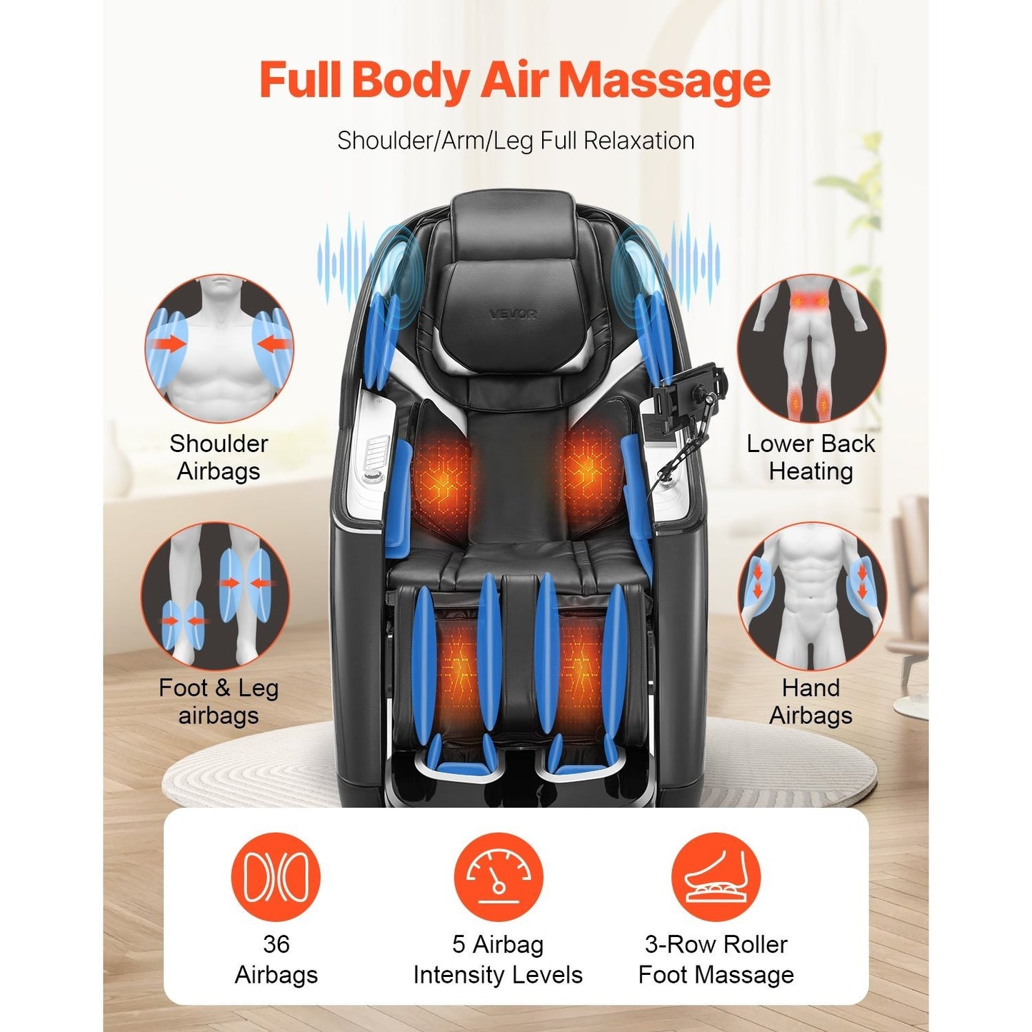 VEVOR Dual-Core 4D+3D Full Body Massage Chair, with Extended SL Track, Deep Yoga Stretch, Electric Extendable Footrest, TFT, AI Voice Control, Heat, Airbags, Armrest Controls, Wheels