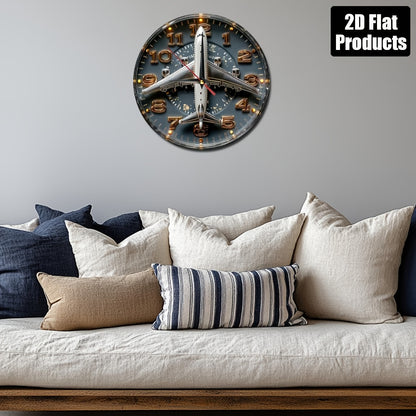 1pc Aviation-Themed Airplane Wall Clock - 9.8 Inch Round Dark Blue & Golden Artificial Wood Silent Non-Ticking Large Easy-Read Black Hands, Farmhouse Decor for Home Office Kitchen Bedroom, Aviation Enthusiast Gift (Battery No