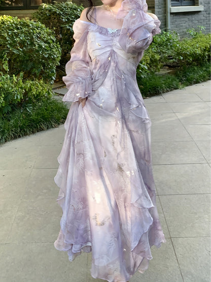 A Stylish Off-Shoulder Long Sleeve Dress for Women Featuring a Lavender Floral Pattern, Ruffle Collar, And A-Line Silhouette. Suitable for Both Formal And Casual Occasions, This Machine Washable Dress Is Perfect for Spring An