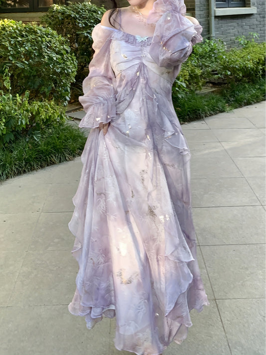 A Stylish Off-Shoulder Long Sleeve Dress for Women Featuring a Lavender Floral Pattern, Ruffle Collar, And A-Line Silhouette. Suitable for Both Formal And Casual Occasions, This Machine Washable Dress Is Perfect for Spring An