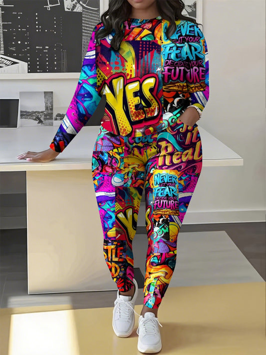 Women's Trendy Full Print Street Art Collage long sleeves and trousers Set, Colorful Street Art Collage Long-Sleeve Pants Outfit for Party Events, Travel And Gatherings Two-Piece Long Sleeve Trouser Ensemble Suitable for Dail